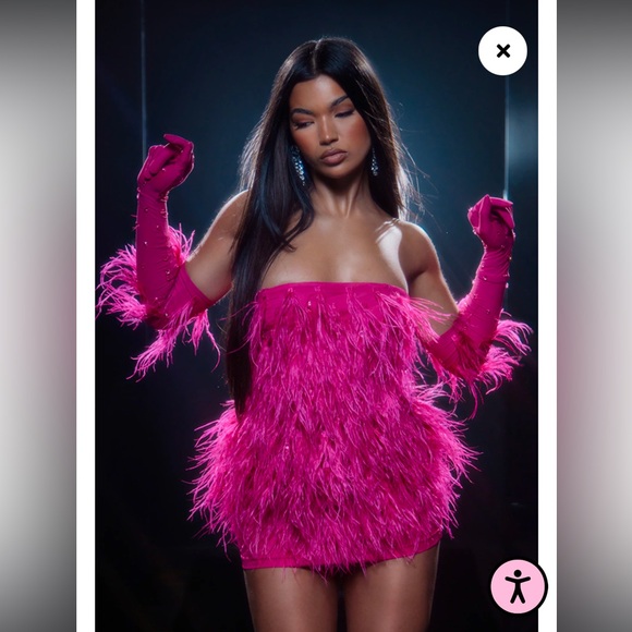 PREMIUM PINK FEATHER BANDEAU GLOVE DETAIL BODYCON DRESS - Picture 2 of 4